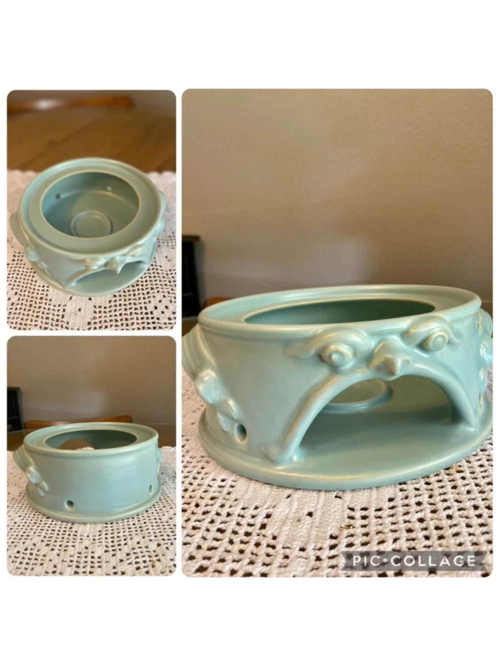 Vintage light green ceramic glazed pottery piece with face